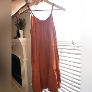 burnt orange midi dress with pockets